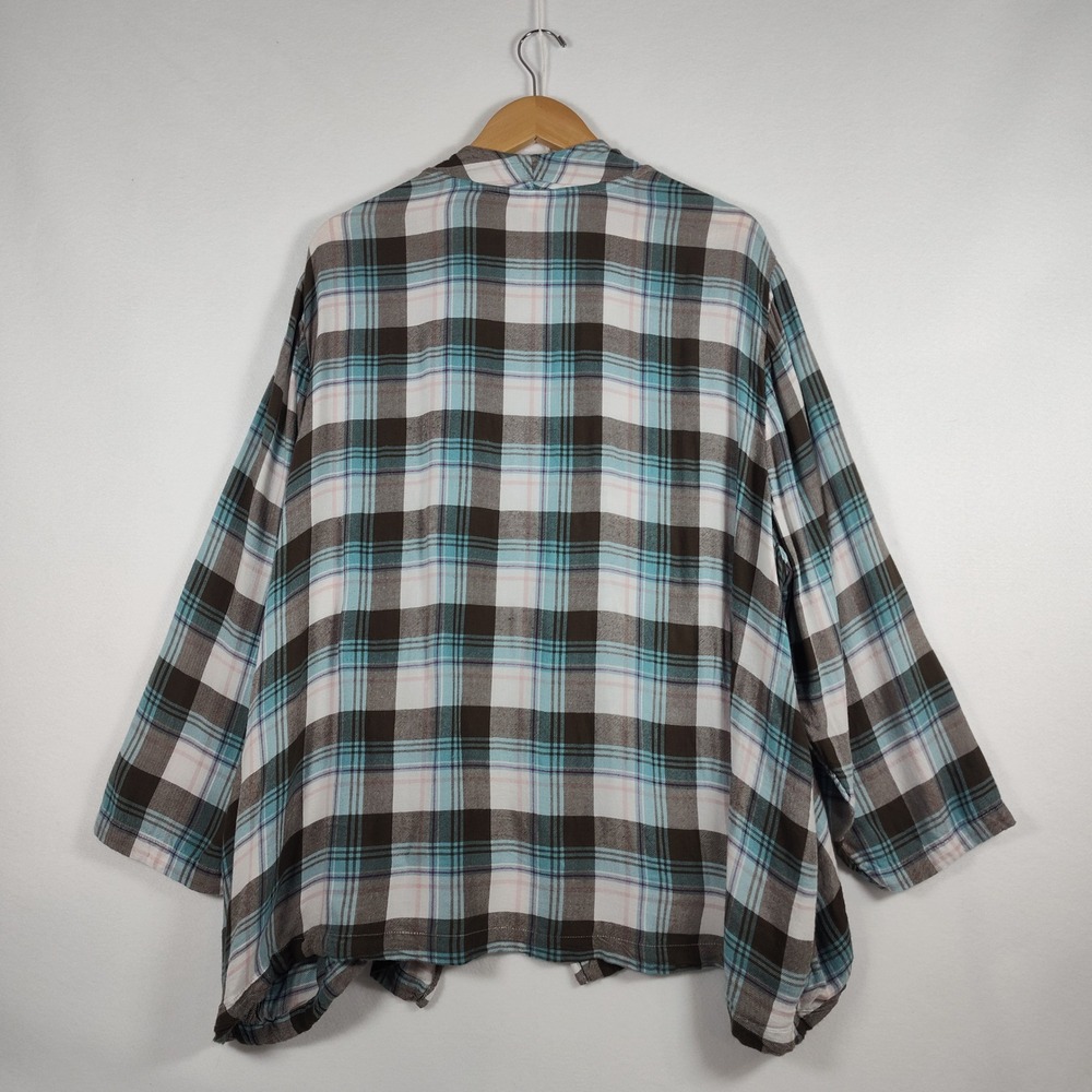 Catherines Petite Plus 3XWP Plaid Open Front Cardigan Blue Brown Rayon Draped - Picture 3 of 10